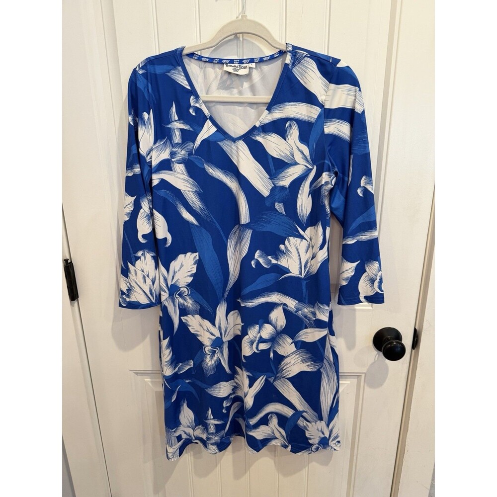 Banana Boat Women’s L Blue White Floral Dress UPF 50+ 3/4 Sleeve V-Neck Resort